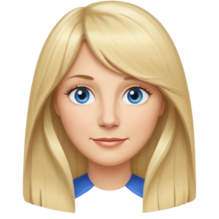 40 yr old white woman, curtain bangs, very long straight blond hair, oval face, small smile, blue eyes, thin oval face, hair down to elbows emoji