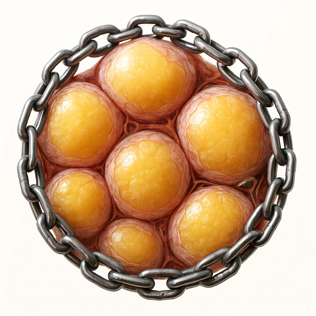 hyper realistic 4K cross section of adipocytes surrounded by chains preventing fat release, membrane details, white background emoji