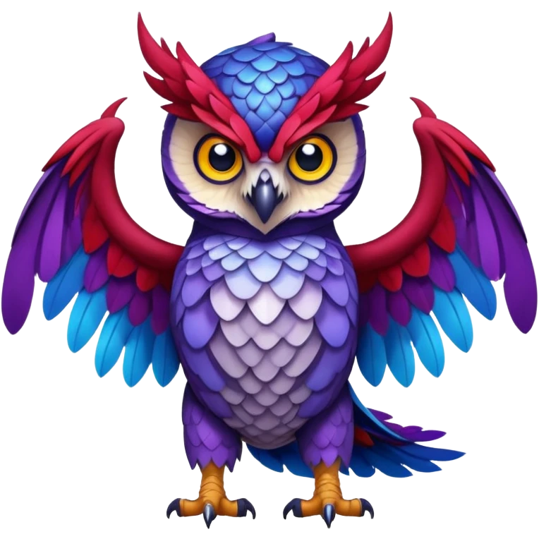 Owl dragon hybrid front facing full body dark purple and blue and red emoji