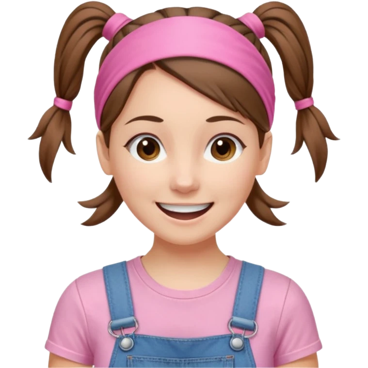 white woman with brown hair  tied together with one elastic pony tail. wearing a light pink thin width headband, Has a pink t-shirt with denim overalls. enthusiastic expression with big smile emoji