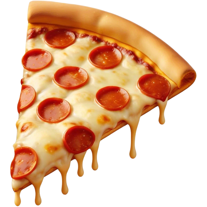 Cinematic cheesy pizza slice, gooey melted cheese stretching as a bite is taken, crispy golden crust, rich tomato sauce, vibrant toppings, warm glowing background, inviting and delicious. emoji
