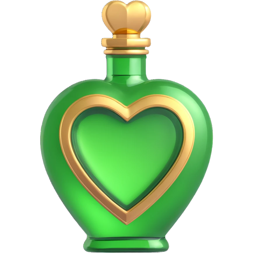 luxurious heart-shaped bottle with golden details, main color rich #c0ff53 green, shiny, decorative, stylish, magical elixir bottle, 3D effect emoji