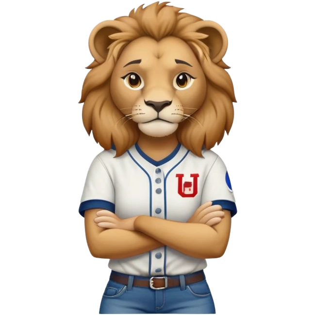 determined anthropomorphised female lion in a baseball shirt and jeans with arms folded emoji