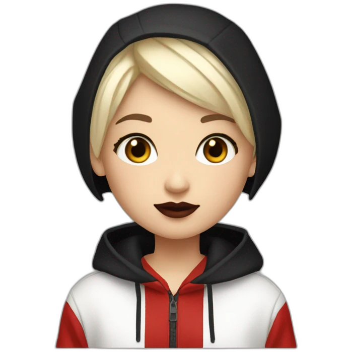 Tiny White girl lightly tanned with very short haircut black eyes and black hair wearing black messa hoodie like alyx Vance and red lipstick  emoji