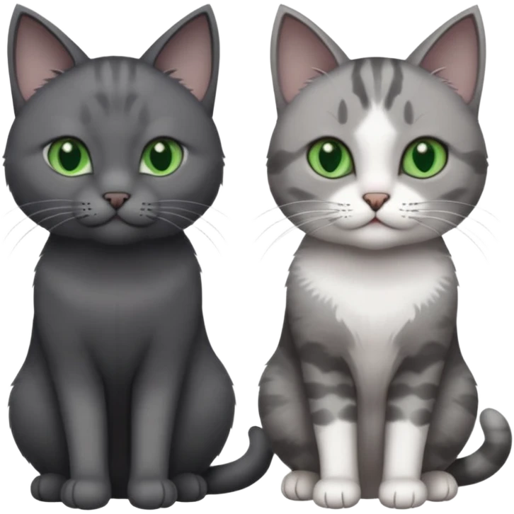 2 different coloured grey cats including one dark grey and white cat and one completely solid dark grey cat with green eyes and only white paws emoji