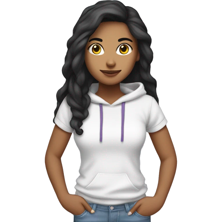 chica latina con cabello negro lacio largo y con camiseta defondo blanca y hoodie lila emoji