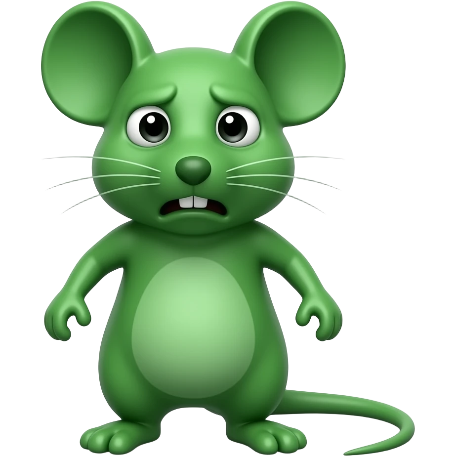 A little green mouse standing upright, with arms and legs that look like those of a little person, staring at us with revolting and nauseating face on its face. He's going to throw up .The mouse’s body is entirely green. emoji