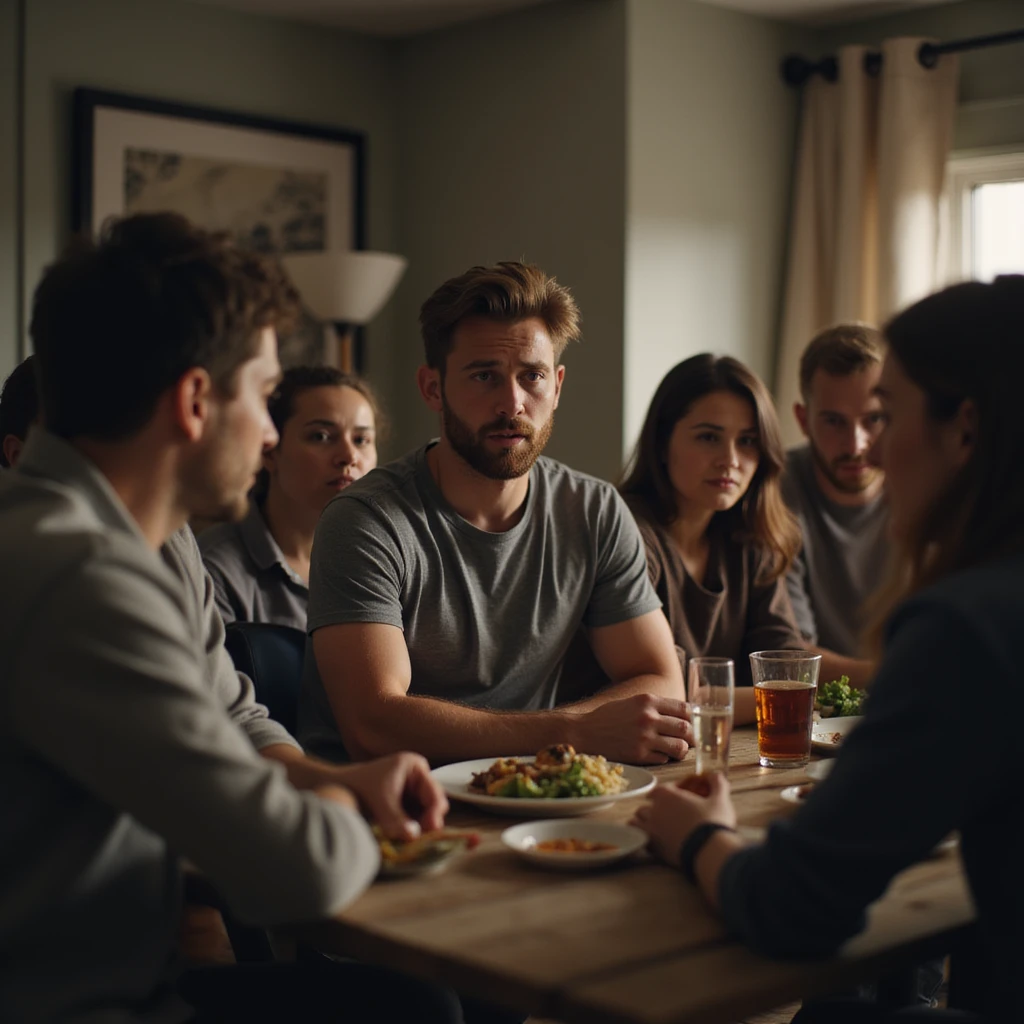 Man complaining dramatically in front of a group of friends, looking at them to see if they are listening, friends exchanging bored or annoyed glances, domestic environment, hyperrealistic 4K details emoji