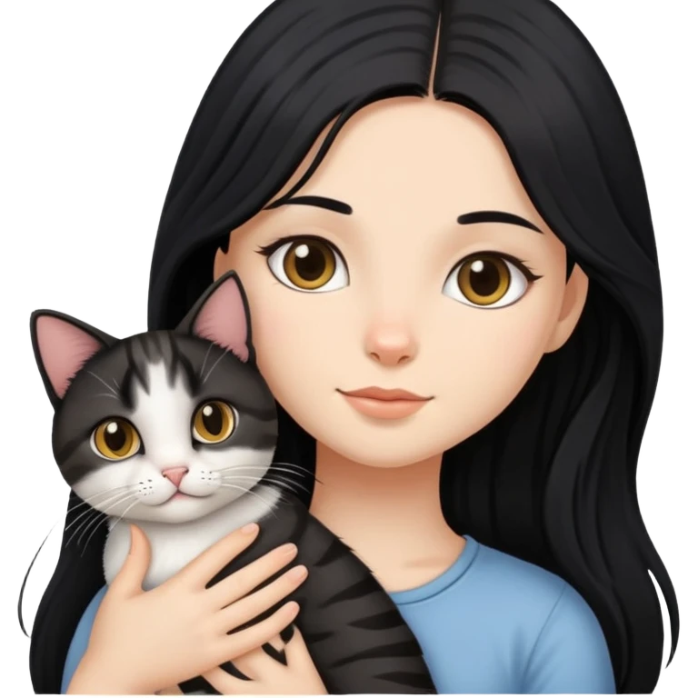 Long black hair girl holding a tabby cat emoji