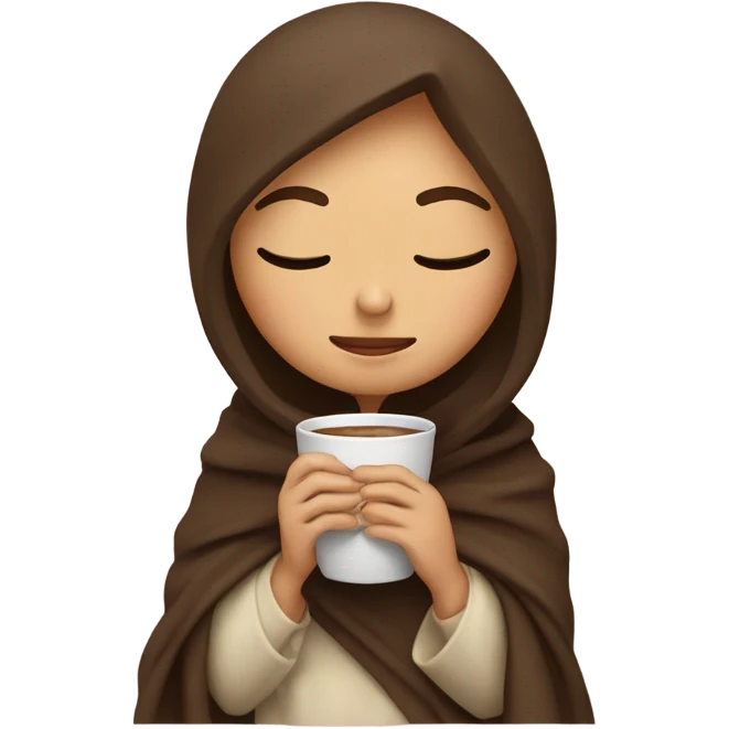 Brunette girl inside a blanket sipping coffee eyes closed emoji