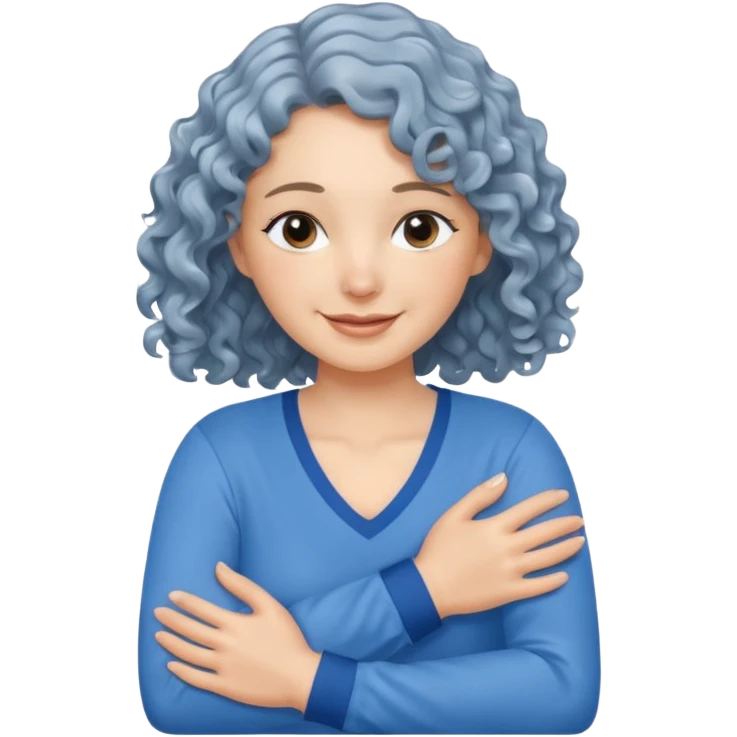silver, wavy/curly hair chin-length lady giving hug with 2 arms, blue v-neck and smiling emoji