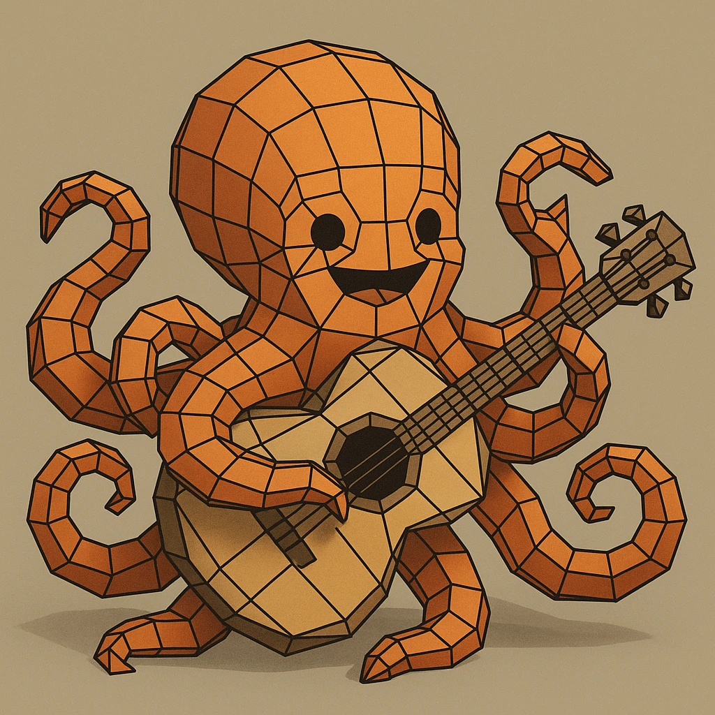 happy octopus with multiple arms playing guitar emoji