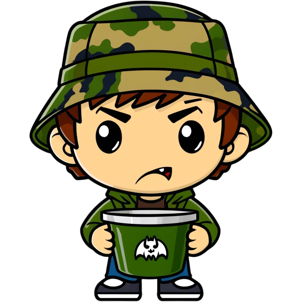 Vampire with brown hair and green eyes earring a camo bucket hat  emoji
