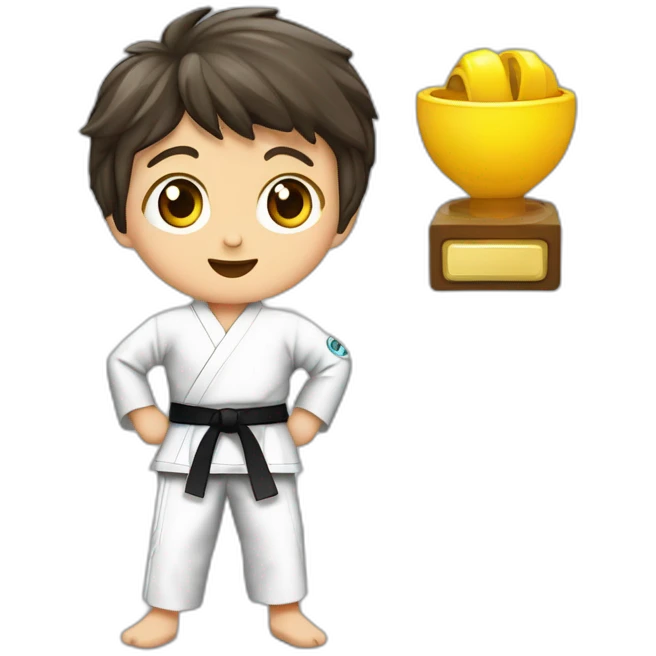un niño de 8 años trigueño cpn pelo ondulado y ojitos achinadospracticando taekwondo solo cabeza emoji
