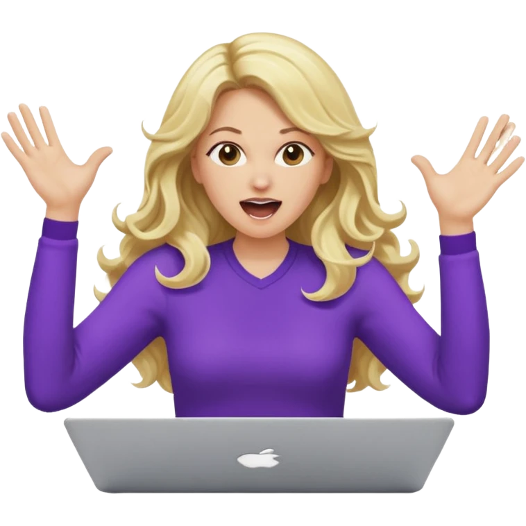 lady with long blonde wavy hair, purple top throwing her with a laptop hands in the air screaming emoji