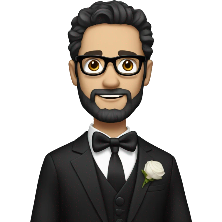 Groom with dark wavy hair and beard and metal glasses pale skin and black tux emoji
