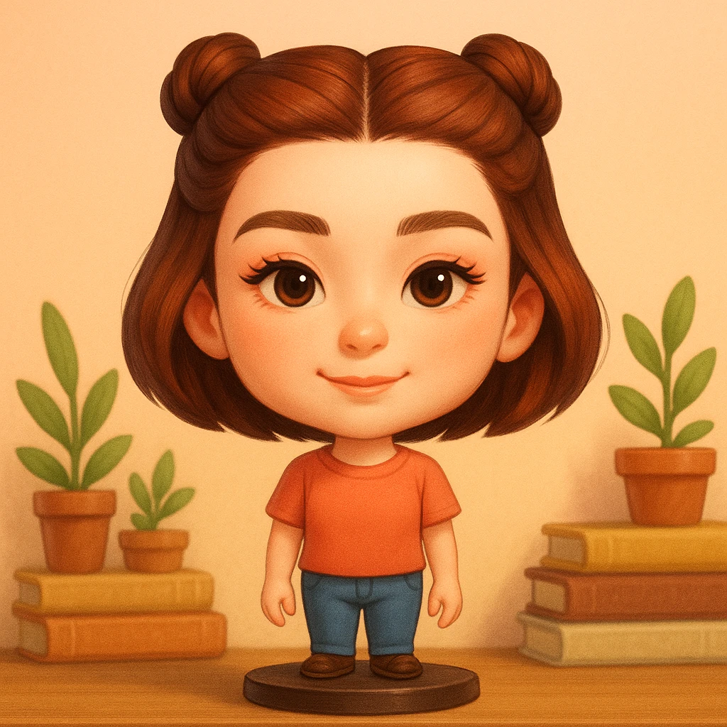 Create a bobblehead style portrait of the girl from the provided image, featuring a large head, cute features, and a soft pastel background. The style should be a digital illustration matching the bobblehead style with a charming and playful look. emoji