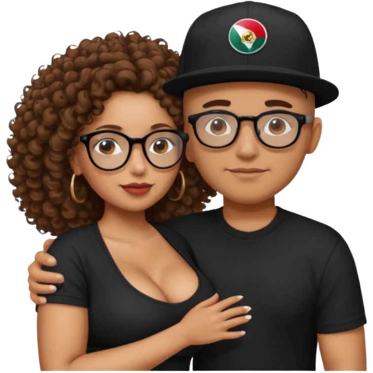 A picture of a tanned couple embracing. the guy is Mexican, with a bald hair cut and he has a SnapBack hat on. The girl is mixed, the girl is wearing a black shirt, the girl has brown curly big hair and the girl has big boobs and the girl wears glasses but the man doesn't  emoji