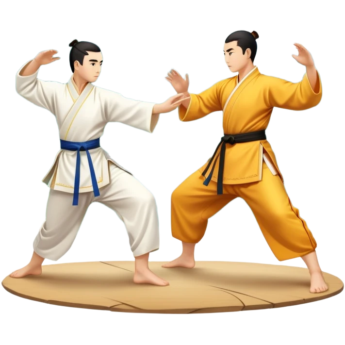 Two martial artists in traditional Wushu attire, performing elegant, fluid moves. The background shows a peaceful, scenic landscape with mountains and bamboo trees, symbolizing the balance of power and grace in Wushu.  emoji
