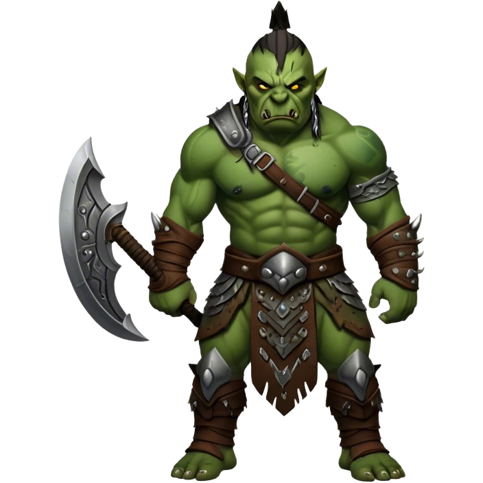 Cinematic Realistic WoW Orc Warrior Portrait, captured in a dynamic, battle-ready stance, muscles bulging beneath intricately detailed tribal armor accented with dark leather and iron. His fierce, determined eyes and battle-scarred green skin are rendered with dramatic natural lighting and high shine, exuding raw, relentless fury in a fierce combat pose. emoji