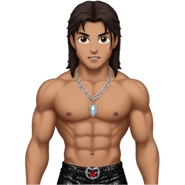Vampire Hunter with long dark brown hair, black sequin baggy pants, shirtless with necklace emoji
