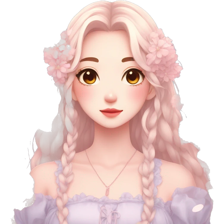 Gorgeous pastel anime style lady with blushing face and flowers and laces aesthetic trending style emoji