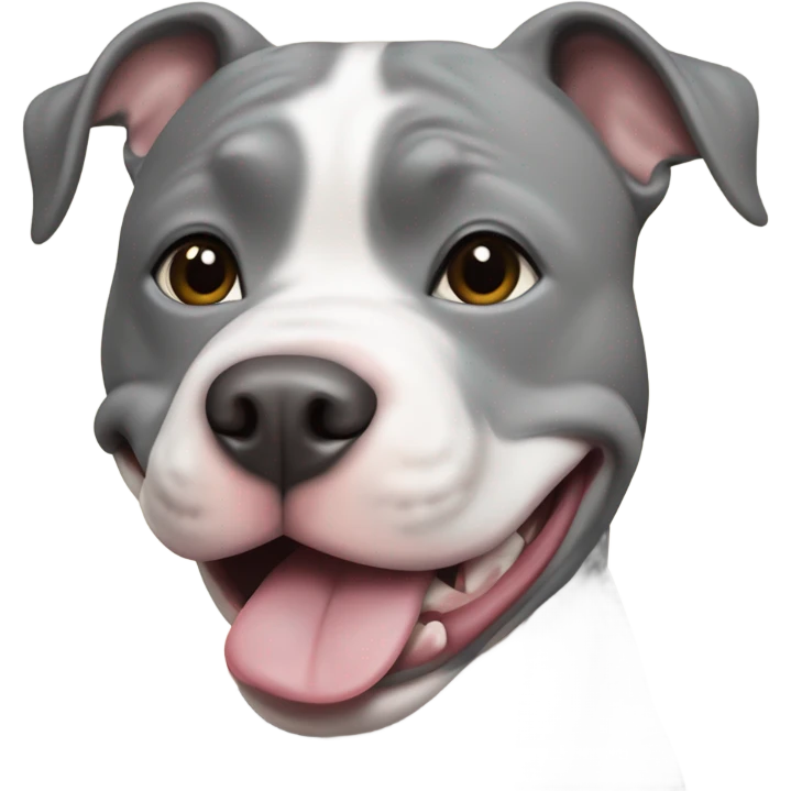 Pit bull type dog with gray face with left side of nose white strip going up center of face, tongue out happy emoji