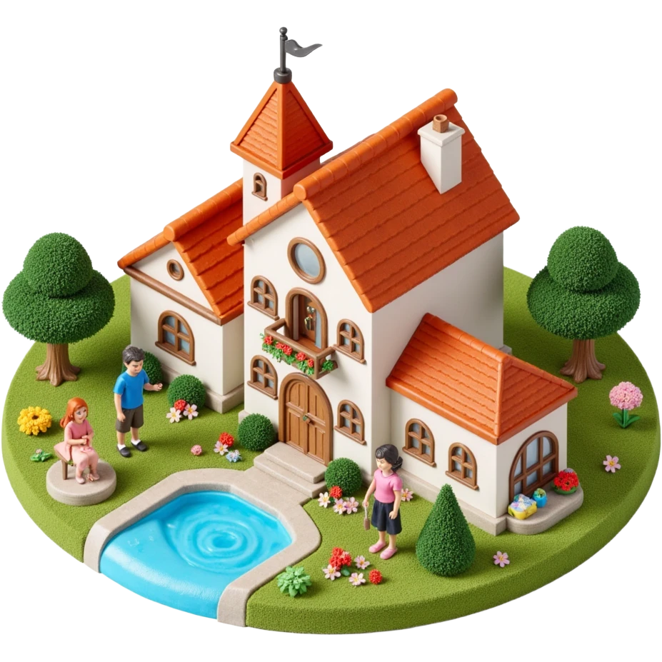 palace house with a family and pet, celebrations  emoji