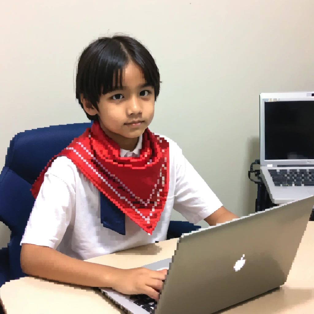 Soviet young pioneer with red neckerchief sitting at a laptop computer emoji