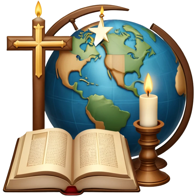 An icon featuring a holy book, a candle, and a cross, symbolizing religious studies. The design includes a globe with various religious symbols: a crescent moon and star (Islam), a lotus flower (Buddhism), representing global belief systems. Transparent background. emoji