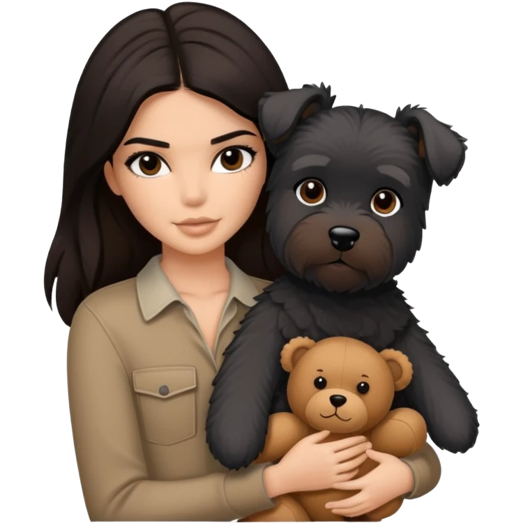 Kendall Jenner with long dark hair, holds a brown teddy bear and a black schnauzer emoji