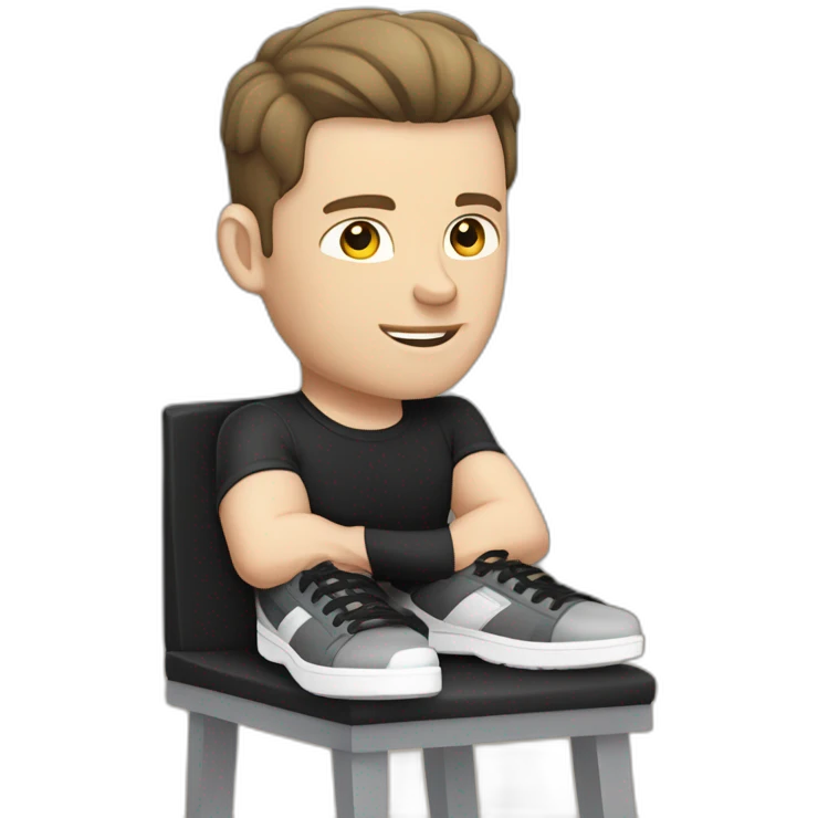 Pale skinned Fit Man With the biceps and dark brown hair in black shirt, gray sports shorts and white Sneakers Sitting on a chair emoji