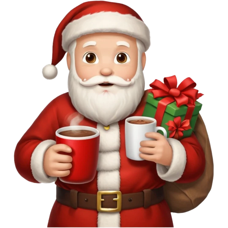 Санта клаус с мешком подарков за спиной и кружкой какао в руке emoji