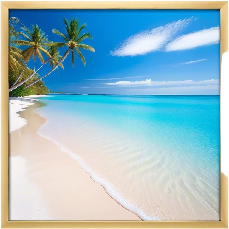 Cinematic Realistic Pristine Crystal-Clear Water Beach Emoji in a wooden frame, Sunny and radiant, with soft golden sand stretching endlessly, gently lapping waves of crystal-clear turquoise water washing onto the shore. The water is so transparent it reveals the shimmering seabed below, creating an idyllic, pristine setting. Above, the sky is a vivid blue, with a few gentle wisps of clouds. Palm trees sway gracefully in the warm breeze, their reflections mirrored in the water. Soft glowing outline, capturing the essence of a peaceful, serene beach paradise where every element gleams with natural beauty. emoji