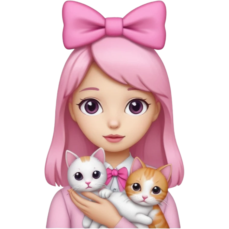 A gurl with pink bow holding a cat emoji