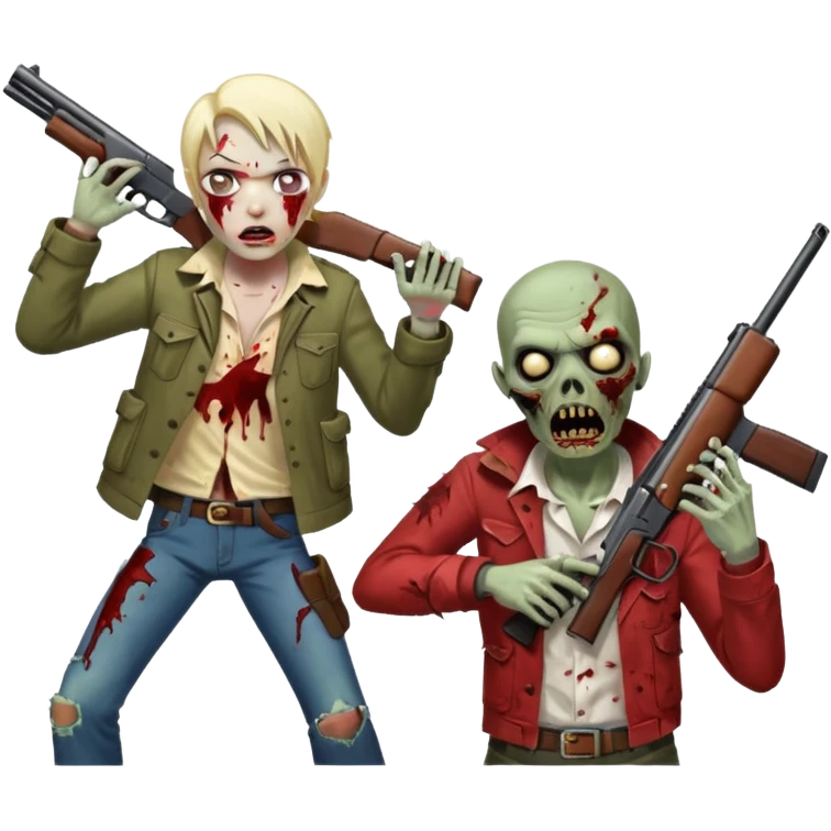 Survivor aiming shotgun at zombie, zombie in front, action pose, blood flying, no background













 emoji
