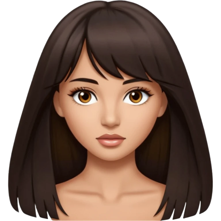 victoria's secret model, very long straight dark brown hair parted in the middle with bangs, almond-shaped brown eyes, brown eyebrows, oval face emoji