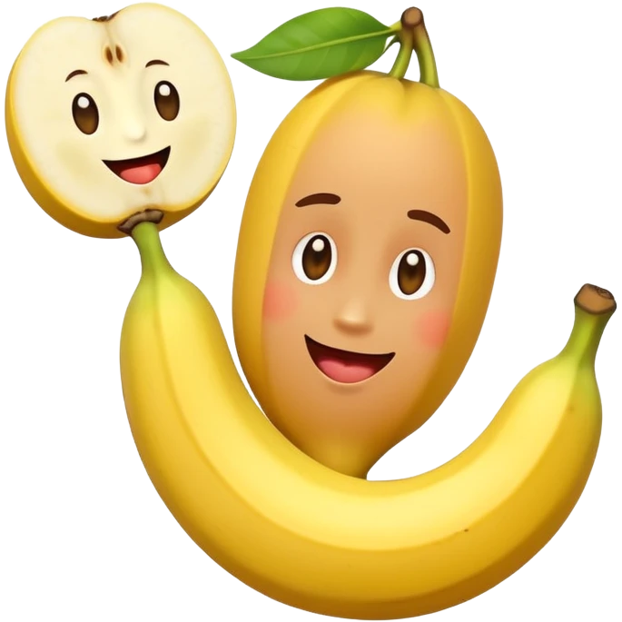 A playful cartoon emoji character holding a peeled banana with two round fruits, like peaches or melons, placed at the base. The style is cute, humorous, and exaggerated, similar to popular emoji art. Bright colors, clean vector lines, and a cheeky expression. emoji