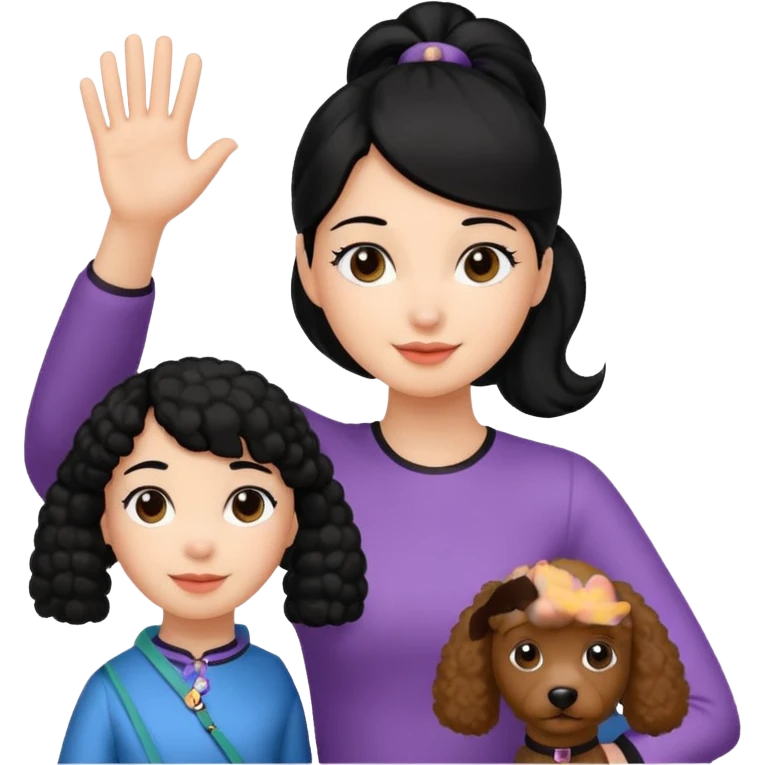 Ponytail black hair girl with brown Poodle say goodbye  emoji