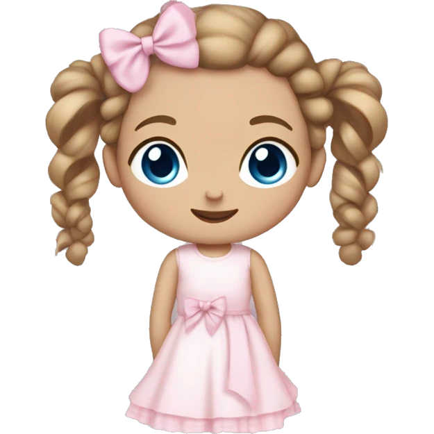 Little  babygirl with White skin, blue eyes. Light Brown hair in two ponytails, with light pink bows.  She is wearing a light pink and White dress, holding a teddybear with a pink bow. emoji