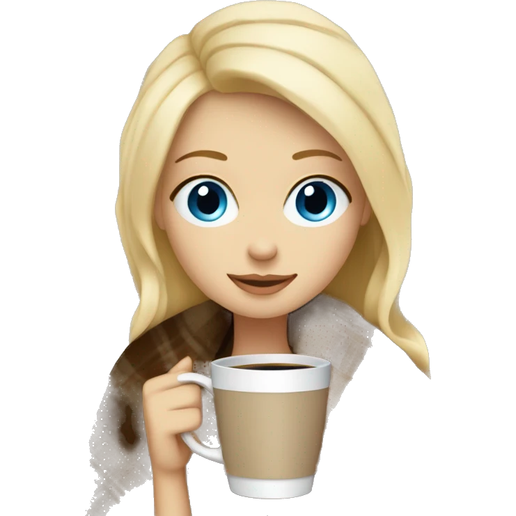 Blonde hair blue eyes girl wrapped in cozy blanket with coffee emoji