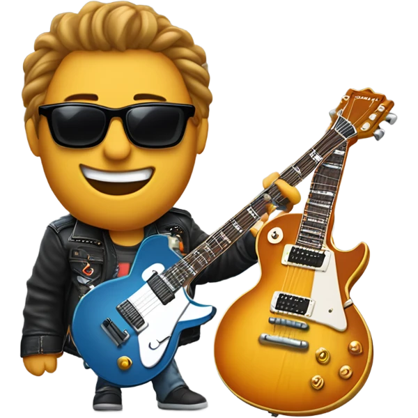 un emoji du guitariste phenix avec blouson cuir et gibson les paul studio et lunettes de soleil et il sourit  emoji
