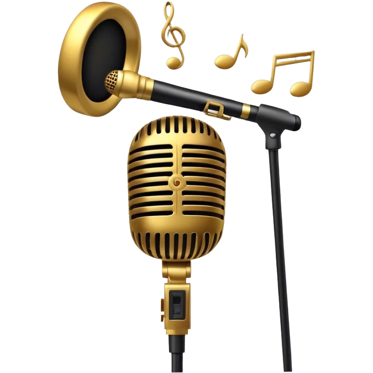 Create a sophisticated and smooth emoji representing jazz vocal performance. The design should feature a stylized microphone, with musical notes swirling around it to convey the fluid, improvisational nature of jazz. Add subtle elements like a vintage microphone stand or a hint of a singer’s silhouette in the background to reflect the live, intimate feel of jazz performance. Use deep, rich colors like gold, black, and burgundy to evoke the classic, smooth vibes of jazz. The background should be transparent. emoji