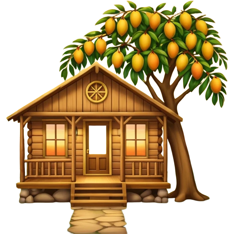 Warm wooden cabin with front porch under a mango tree branch, sunset sky in the background. Cozy, peaceful, emoji-style with soft edges and golden tones. emoji