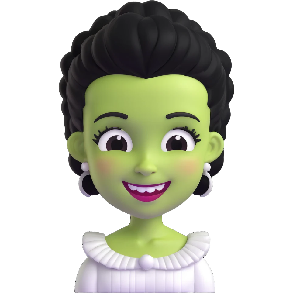 adorable 3D Bride of Frankenstein with big smile and cute black and white hair emoji