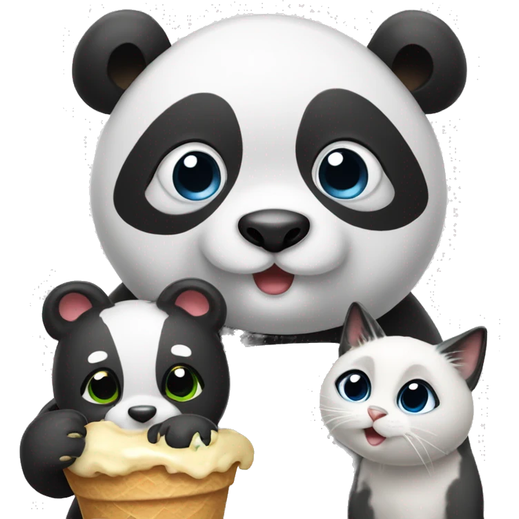 Panda eating icecream with a dog and baby cat on its head emoji