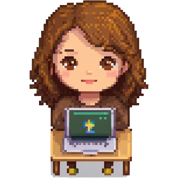 pixel art emoji of a girl with a laptop, brown hair, brown eyes, light skin emoji