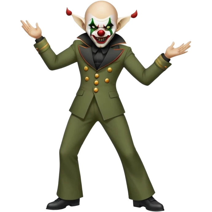 evil clown, bald, small black satan horns on forehead, fangs, pointed ears, black and military green leisure suit with bellbottom pants, realistically proportioned, less bulky, full body, battle-ready fighting posture emoji