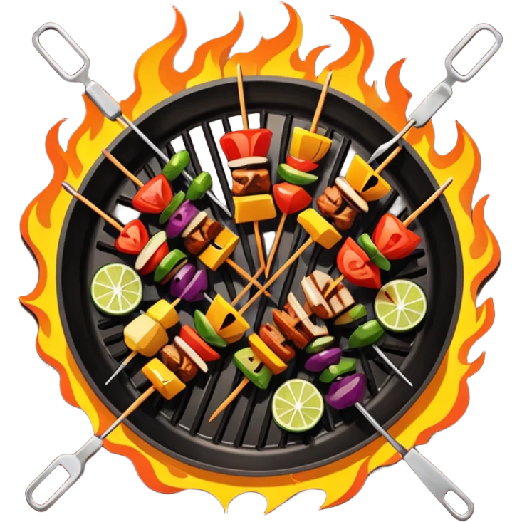 Grilled dishes avatar in bright emoji-style illustration. Skewers, BBQ, and grilled vegetables, warm fire tones, simple shapes, flat design, high contrast, tasty and inviting. emoji