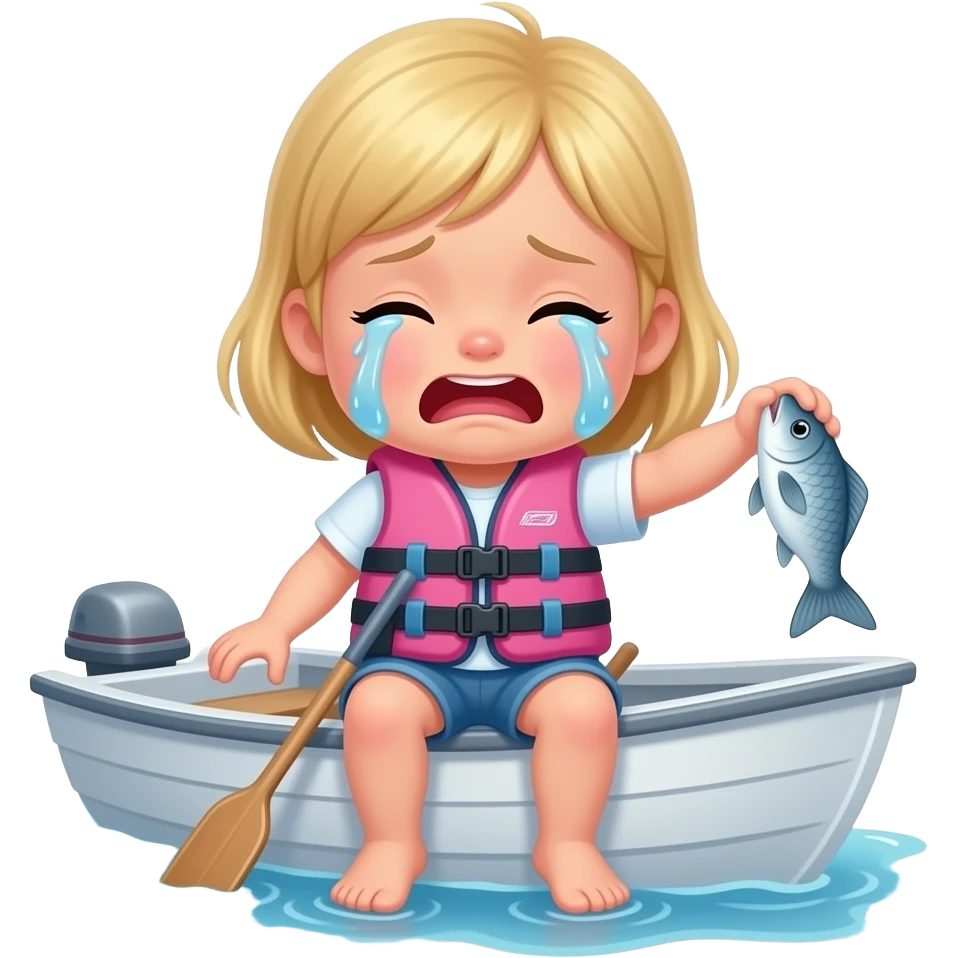 a little blonde girl in a pink and blue life jacket on a boat crying that she lost a fish emoji